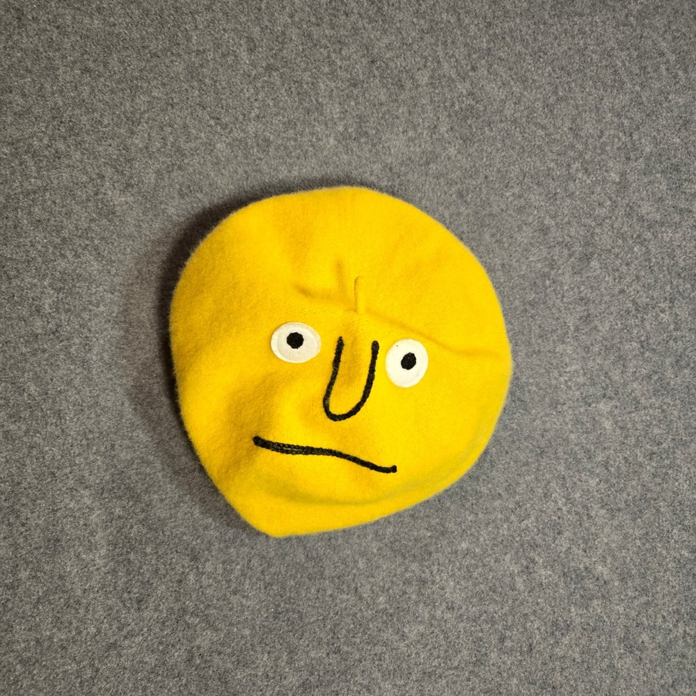 Yellow Knit Face Beret Hat Embroidered Novelty Beanie Slouchy Cap Fun